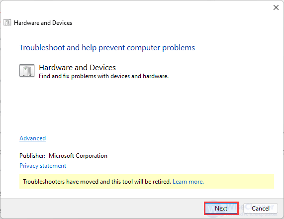 Click Next and follow the on-screen instructions to run the troubleshooter.