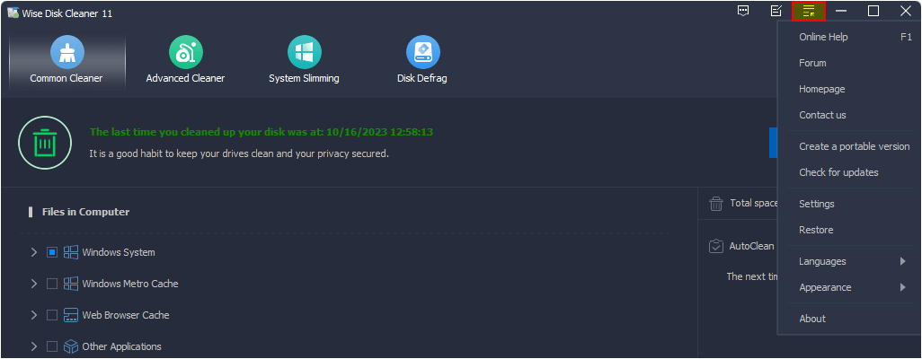 Wise Disk Cleaner Menu