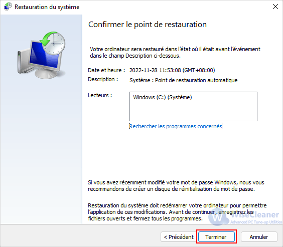 Confirmer le point de restauration