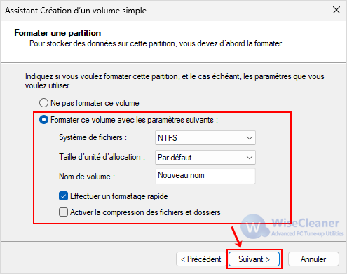 Assistant Création d’un volume simple - Formater une partition