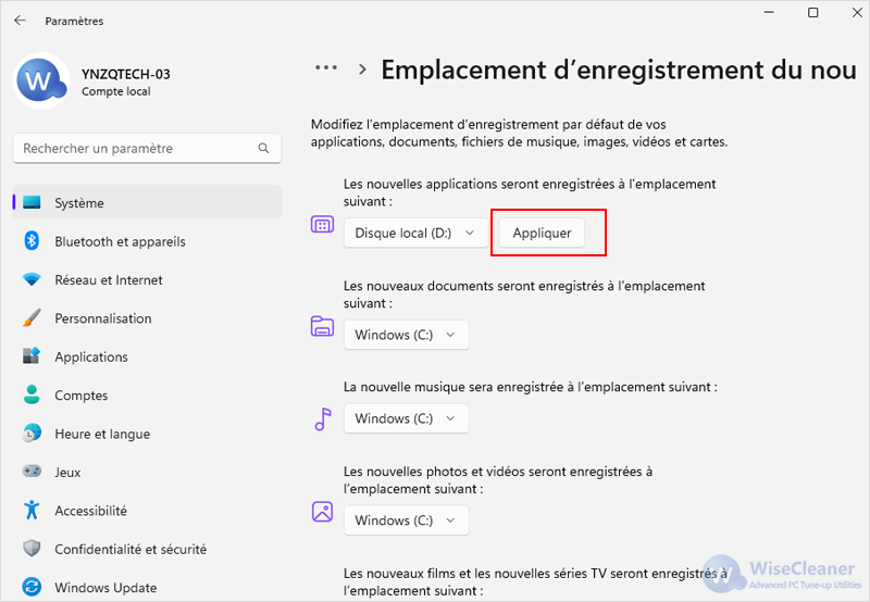 Les nouvelles applications seront enregistrées à l'emplacement suivant