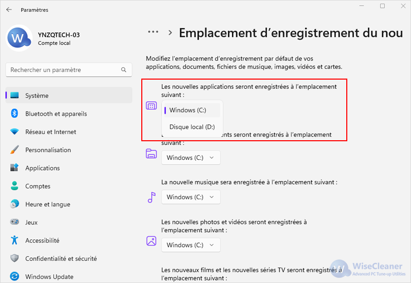 Les nouvelles applications seront enregistrées à l'emplacement suivant