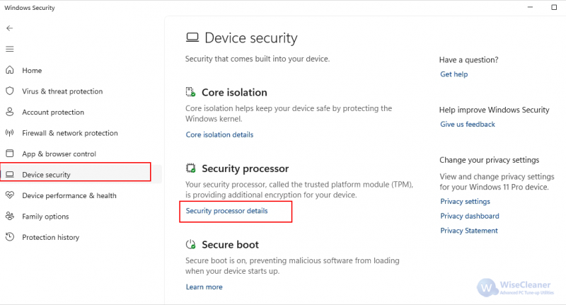 select Security processor details 