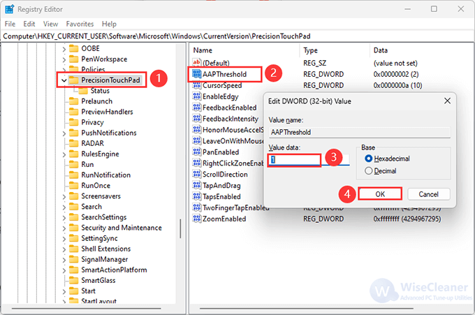 Enter your desired number in the Value data box to adjust touchpad sensitivity  