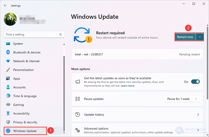 Click Restart Now to update Windows. 