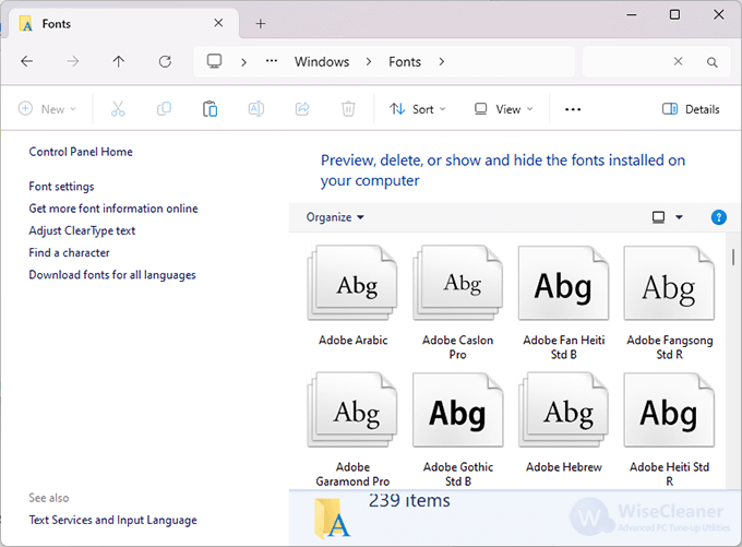 Check installed fonts from File Explorer